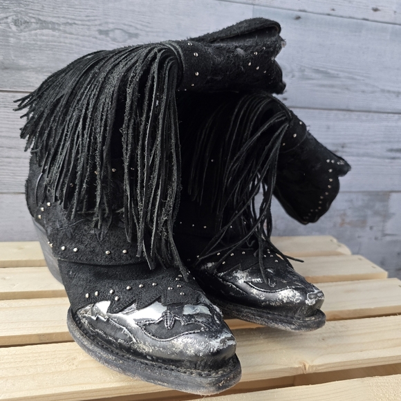 Dan Post Mid Calf Suede Leather Fringe Western Black Boots Size 6 - Picture 16 of 16